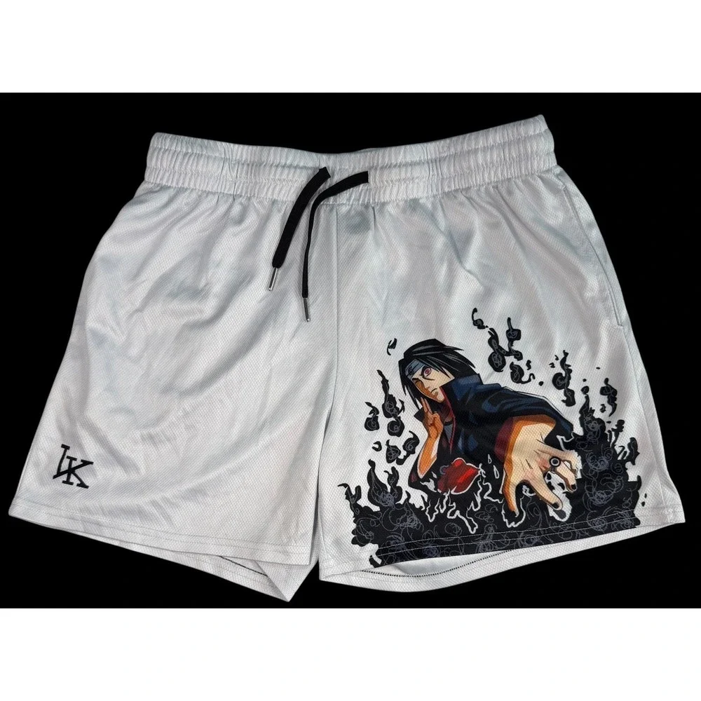 Naruto Anime Itachi Uchiha Graphic Print Men's White Mesh Gym Shorts Large